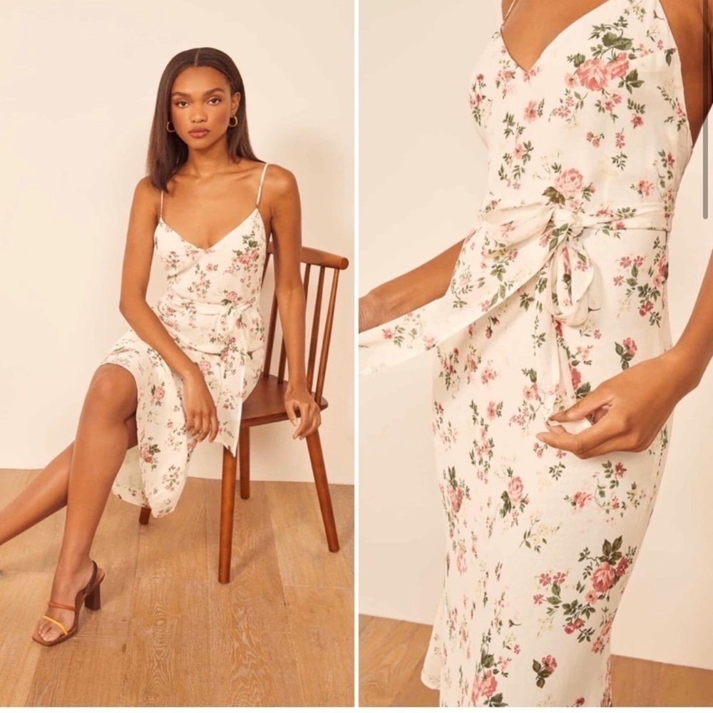 Reformation Dietrich Midi Slip Dress with Tie Sash Floral White Pink NWT! - Picture 2 of 8